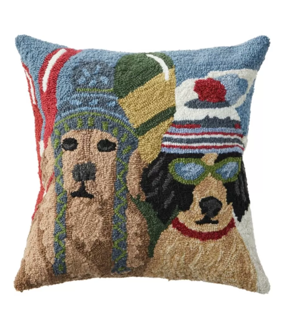 Discount "Indoor/Outdoor Hooked Pillow, Dogs Skiing" Home Decor
