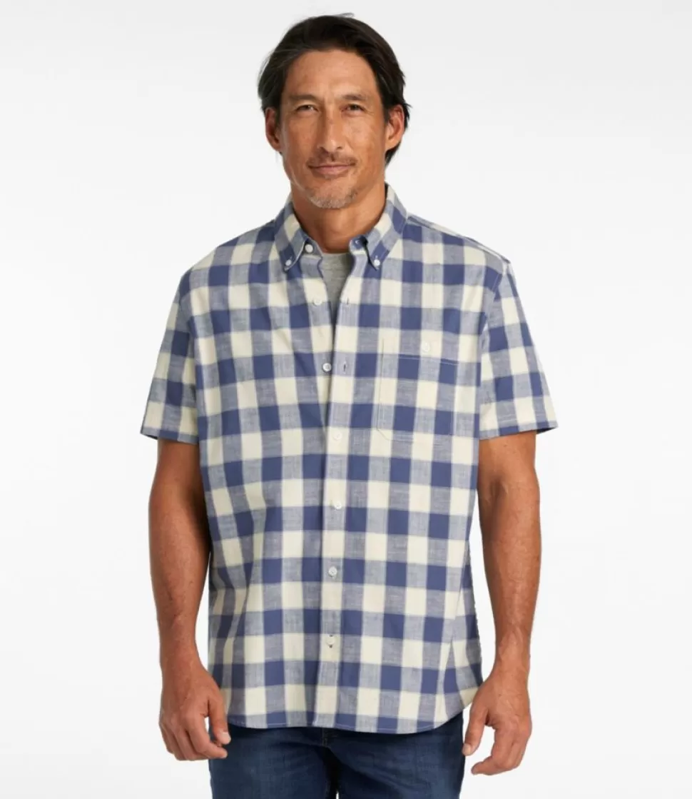 Shop "Men's Comfort Stretch Chambray Shirt, Slightly Fitted Untucked Fit, Short-Sleeve, Plaid" Shirts