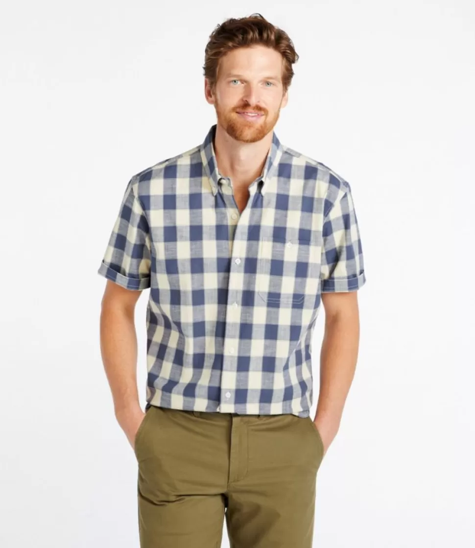 Shop "Men's Comfort Stretch Chambray Shirt, Traditional Untucked Fit, Short-Sleeve, Plaid" Shirts