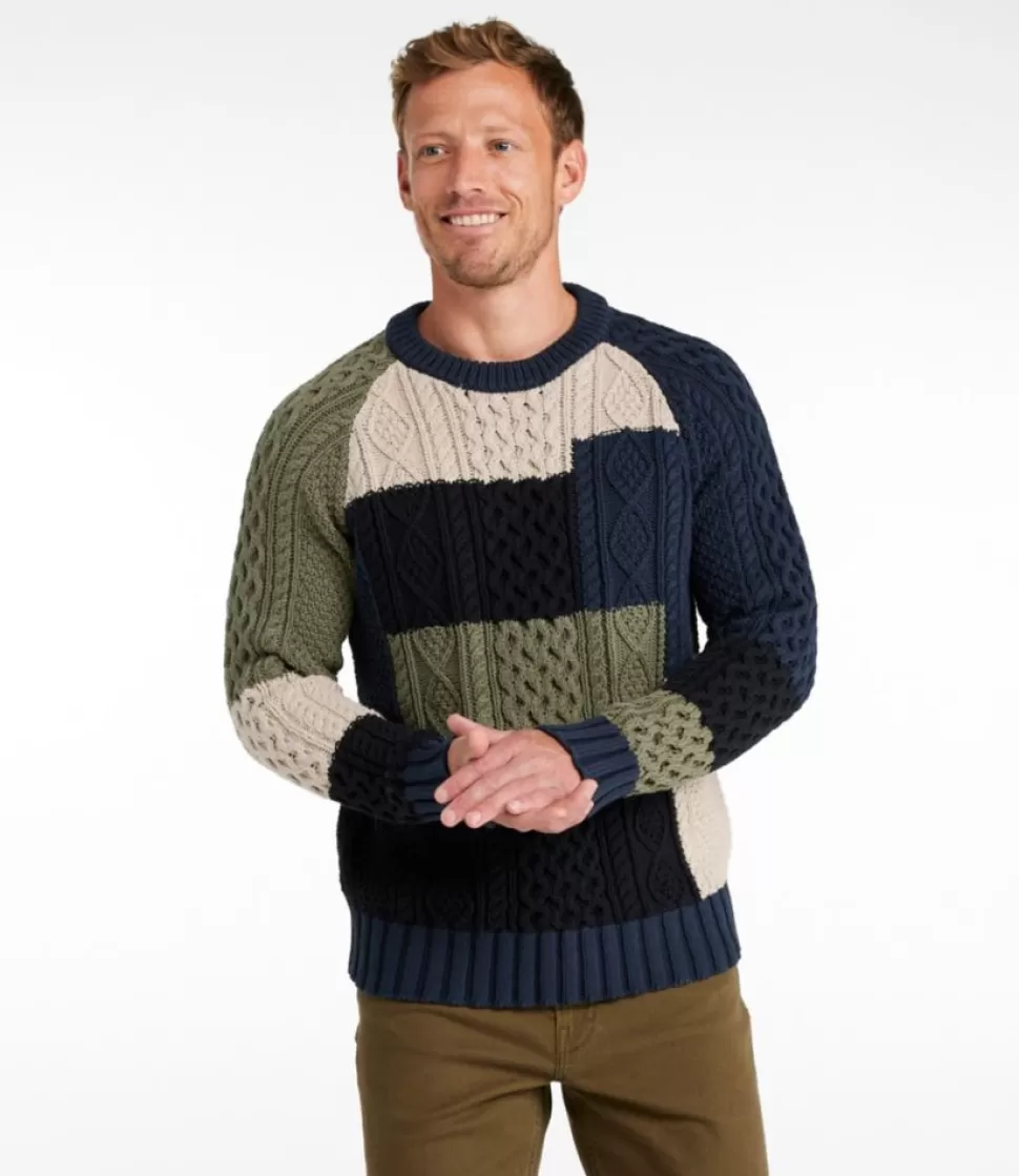 New "Men's Signature Cotton Fisherman Sweater, Crewneck, Colorblock" Sweaters