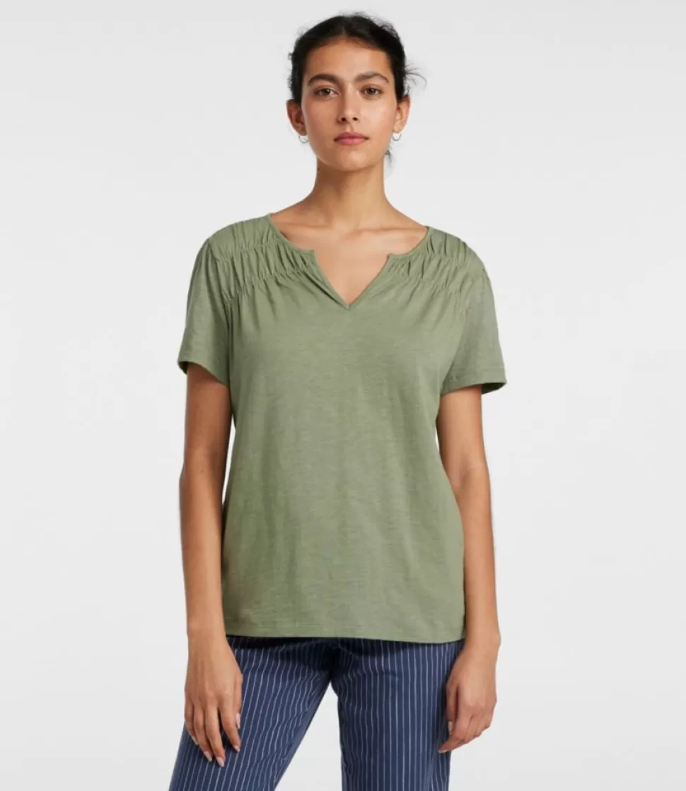 Sale "Women's Organic Cotton Tee, Smocked Notch-Neck Short-Sleeve" Women Shirts & Tops
