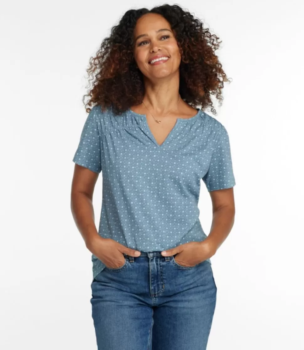 Discount "Women's Organic Cotton Tee, Smocked Notch-Neck Short-Sleeve Print" Women Shirts & Tops