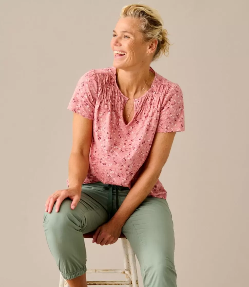 Discount "Women's Organic Cotton Tee, Smocked Notch-Neck Short-Sleeve Print" Women Shirts & Tops